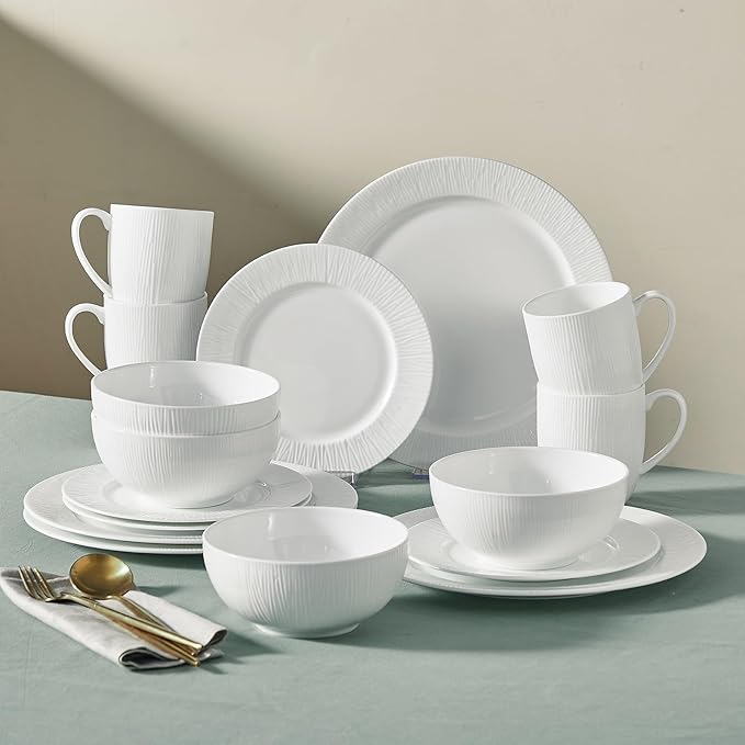 16Piece Bone China Dinnerware Set with Radial Stripe Texture Embossed Plates Bowls mugs Chip-Resistant Lightweight Elegant and Durable Service for 4 White