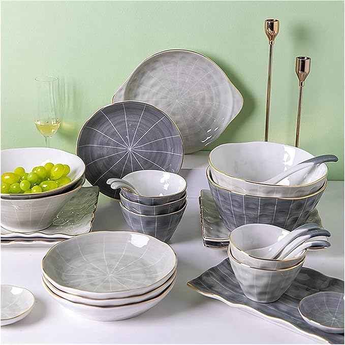 Dinnerware Sets - Luxury Gift Dishes Service Set 23-Piece Bowl and Tableware Set Ceramic Dinnerware Sets for 6 People Luxury Style Ceramic Dishware Sets Irregular Kitchen Plate Set