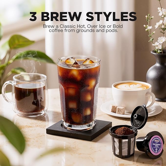 Single Serve Coffee Maker Hot and Iced with Bold Brew Small Coffee Machine for K Cup and Ground Fits 7.3'' Travel Mug Brews up to 16 Oz 5 Cup Sizes Compact for Office RV&amp Hotel Lavender