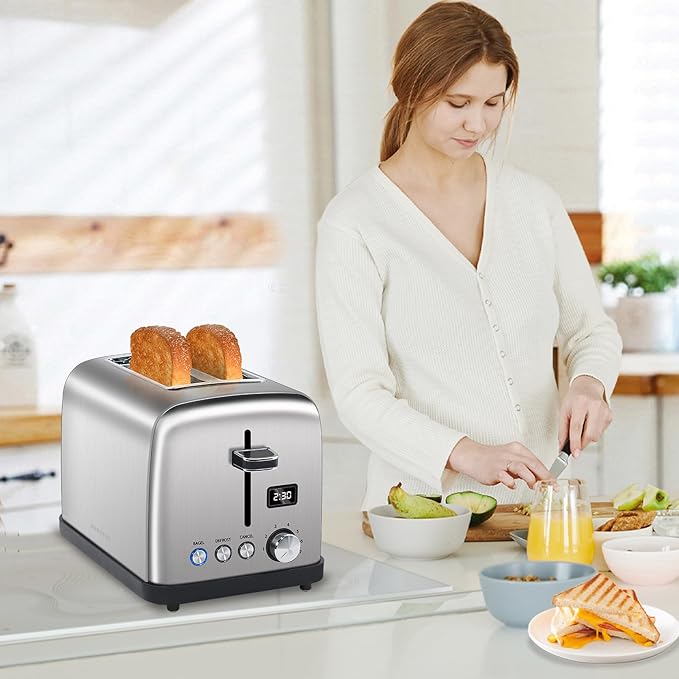 SEEDEEM Toaster 2 Slice LCD Display 7 Shade Settings 1.4'' Wide Slots Stainless Steel Digital Toaster for Bagel Defrost Reheat Removable Crumb Tray 900W Silver Metallic