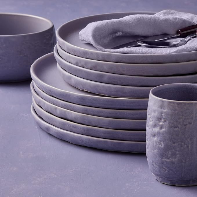 Stone by Mercer Project SHOSAI 32-Piece Stoneware Dinnerware Set Plates and Bowls Set Modern Dishware set fo 8 Lavender