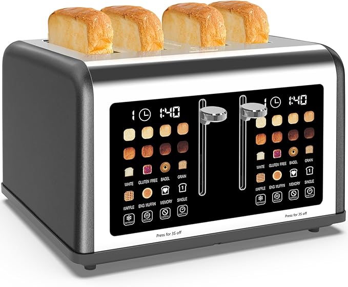4 Slice Toaster Touch Screen Stainless Steel Toasters Digital Timer Dual Control Panel Toasters 8 Shade Settings 6 Bread Types for Bagel Cancel Defrost 1650W Grey