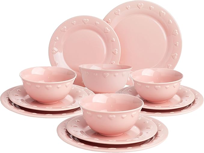 Paris Hilton 12-Piece Dinnerware Set Embossed Hearts. Iconic Ceramic Stoneware Service for 4 with Dinner Plates Salad Plates and Bowls Microwave &amp Dishwasher Safe Pink