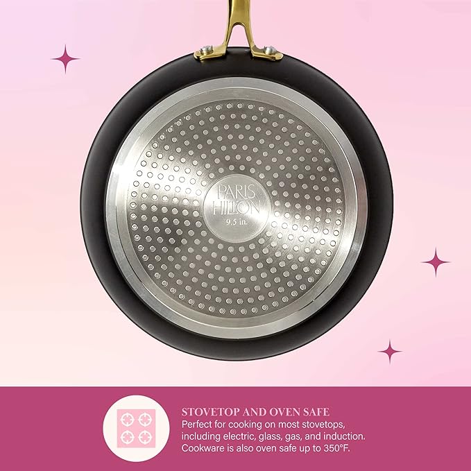 Paris Hilton Iconic Nonstick Pots and Pans Set Multi-layer Nonstick Coating Matching Lids With Gold Handles Made without PFOA Dishwasher Safe Cookware Set 10-Piece Black