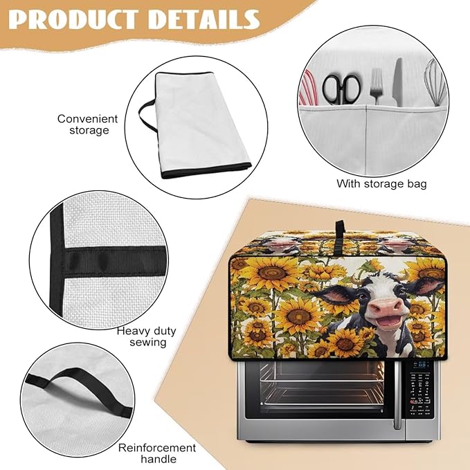 Cow Sunflower Print Toaster Oven Air Fryer Dust Cover Washable Heavy Duty Small Kitchen Appliance Dust Covers with Accessory Pockets Kitchen Accessories S