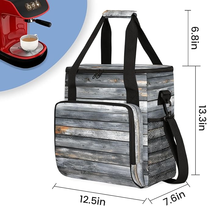Wood Print Coffee Maker Travel Bag for Keurig K-Mini/K-Mini Plus Insulated Waterproof Tote with Pockets Portable Single-Serve Brewer Case