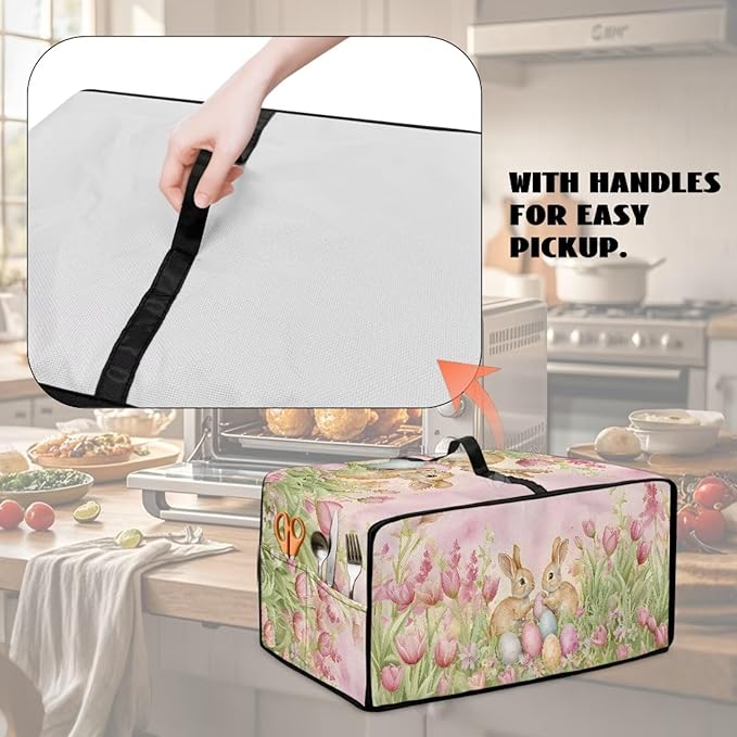 Bunny Tulip Print Toaster Oven Dust Cover Easter Egg Printed Heavy Duty Toaster Smart Oven Cover with Side Pocket Kitchen Small Appliance Cover Easter Decorative S