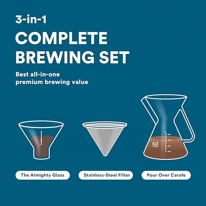 ovalware Pour Over Coffee Maker Set | 17oz / 0.5L Borosilicate Carafe with 304 Stainless Steel Filter and Precision Measuring Cup | Glass Coffee Dripper for Home Brewing