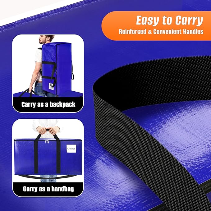 8-Pack Moving Bags with Backpack Straps &amp Carry Handles 25 Gallons-93 L Heavy Duty Storage Totes for Space Saving Foldable Storage Bags for College Dorm Travel Camping (Blue)