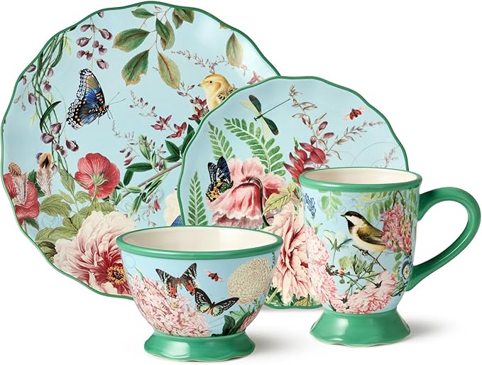 Flora 16-Piece Dinnerware Set Service for 4 – Includes Dinner Plates Dessert Plates Pedestal Mugs and Pedestal Ice Cream Bowls with Vibrant Nature-Inspired Floral Designs
