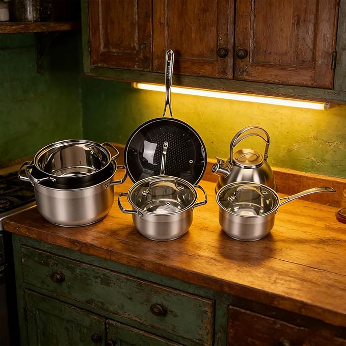Stainless Steel Cookware Set 10 Piece Pots and Pans Kitchen Set with Saucepan Frying Pan Kettle for Stovetop Oven Safe Cooking
