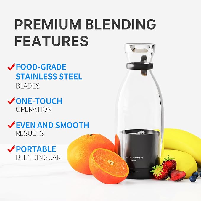 OTPEIR Portable Blender for Shakes and Smoothies with 11.83 Oz Travel Cup and LidDurable Stainless Steel Blades for Juice Blending Performance Black