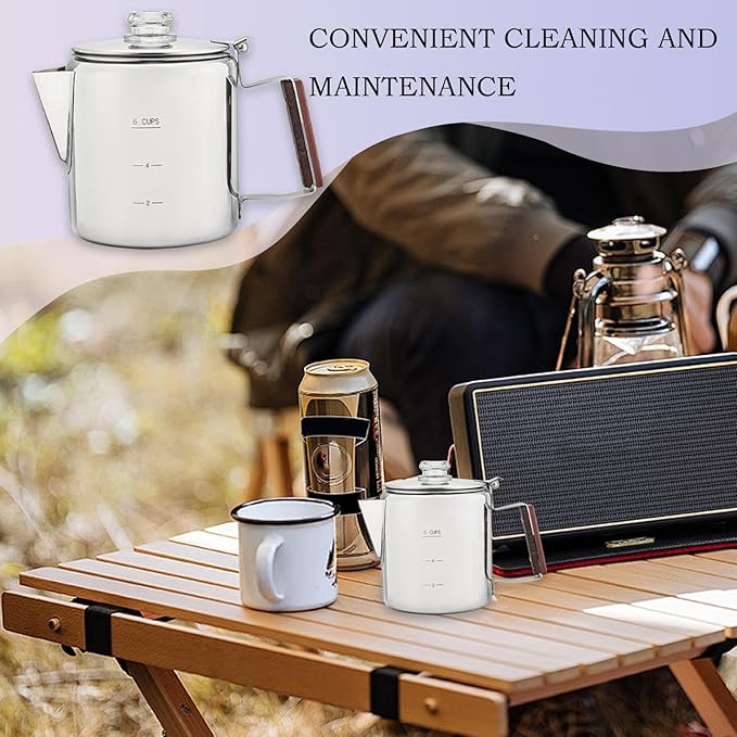 Camping Coffee Pot – Heat-Resistant Stainless Steel Build Quick Brew Portable Percolator Easy-Clean Handle Coffee Maker | Perfect for Outdoor Adventures Picnics Travel Home Kitchen and Group