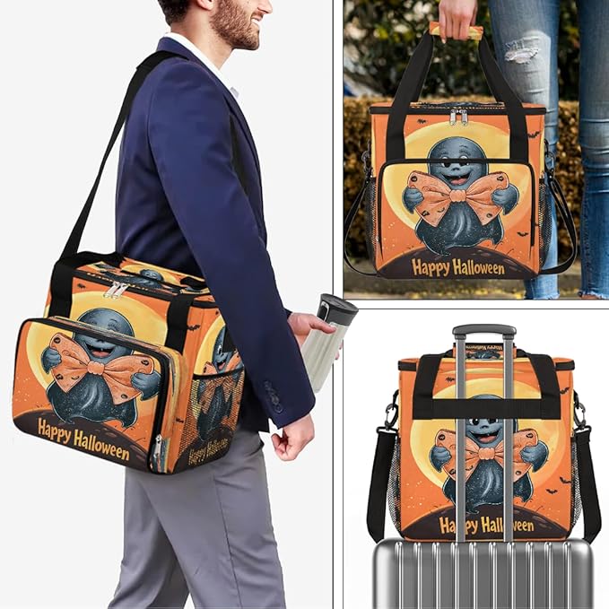 Halloween Ghost Moon Bow Coffee Maker Carring Bag Travel Carrying Storage Tote Bag Compatible with Keurig K-Mini or K-Mini Plus Portable Single Serve Coffee Brewer Case with Pockets for K-cup Pods