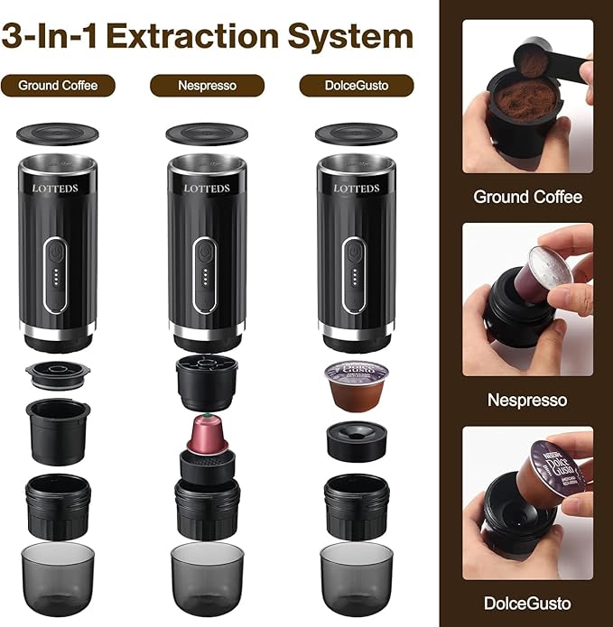 Portable Espresso Machine Car Coffee Maker Self-Heating with Type-C Compatible with Ground Coffee &amp Capsule for Travel RV Hiking Camping Office
