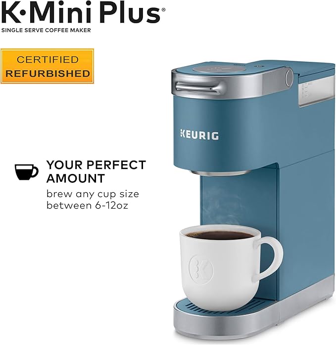 Keurig K-Mini Plus Coffee Maker Certified Refurbished Single Serve K-Cup Pod Coffee Brewer Comes With 6 to 12 oz. Brew Size K-Cup Pod Storage and Travel Mug Friendly Evening Teal (Renewed)