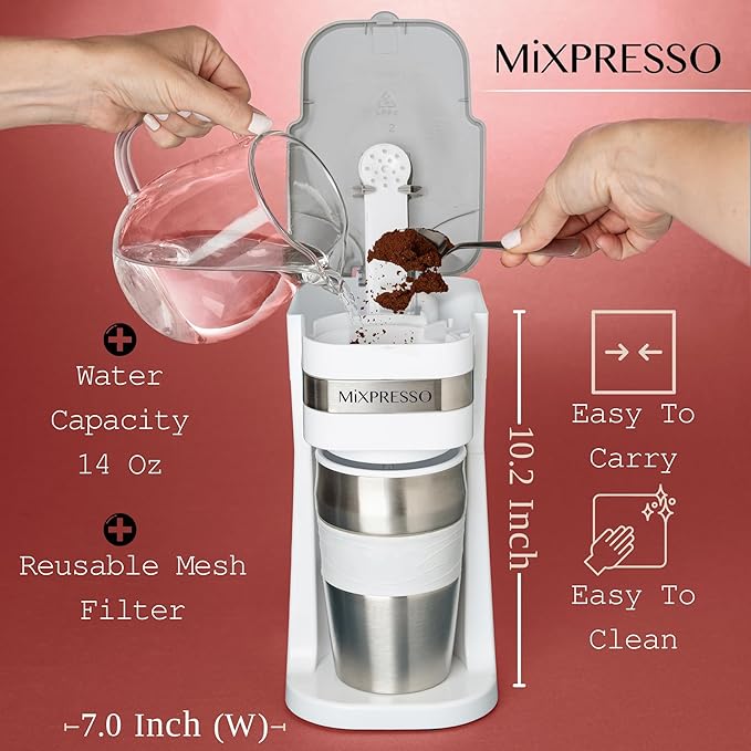 Mixpresso White Personal Single Serve Coffee Maker with 14oz Travel Mug Drip Small Coffee Maker with Auto Shut Off Reusable Filter Works with Ground Coffee Only – Not for K-Cup Pods
