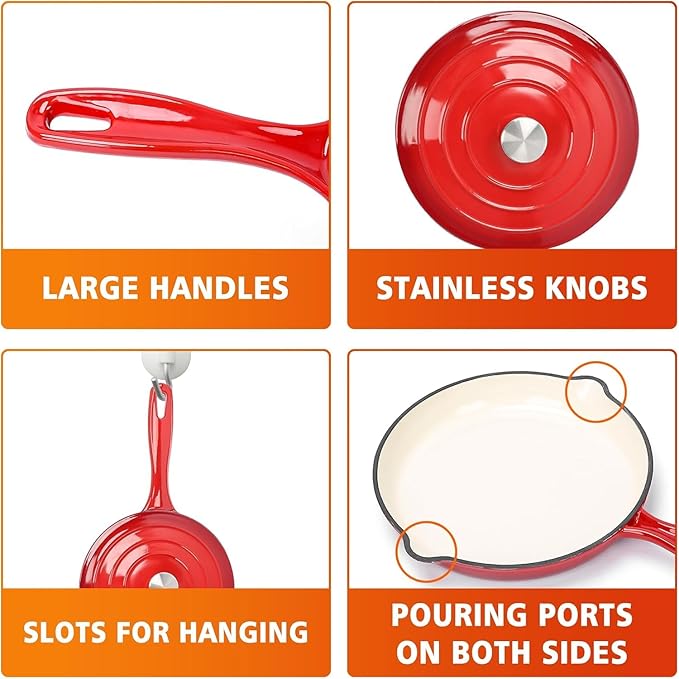Hisencn Enameled Cast Iron Cookware Set - 7 Piece Dutch Ovens Set Sauce Pan Skillet 3 Lids Pots and Pans Set Ceramic Coated Cast Iron Heavy Duty Gas/Induction Compatible PFA Free Rouge Red