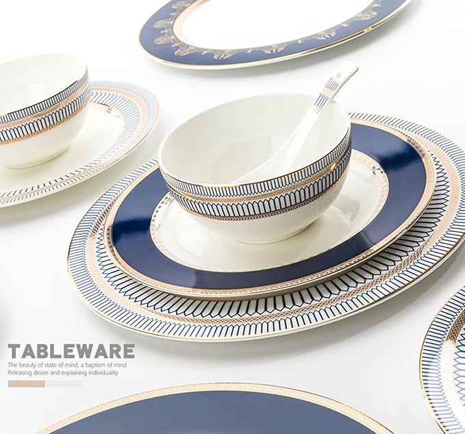 Plates and Bowls Sets for 4 1st-Class Bone-China Dinnerware Sets 19 Pieces Porcelain Dinner Dish Sets Handcrafted Golden Trim Tableware Set Home Décor Dinnerware 45% Bone Meal (Gold)