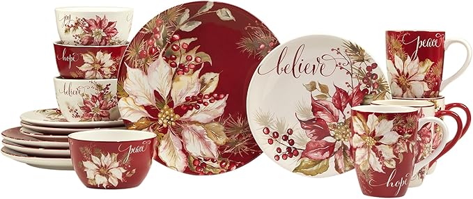 Winters Joy 16 Piece Dinnerware Set Service for 4 Multi Color Red White Holiday Casual Round Ceramic Dishwasher Safe Microwave