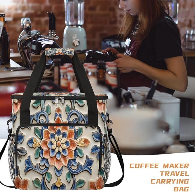 Ceramic Flower Blue Coffee Maker Carring Bag Travel Carrying Storage Tote Bag Compatible with Keurig K-Mini or K-Mini Plus Portable Single Serve Coffee Brewer Case with Pockets for K-cup Pods