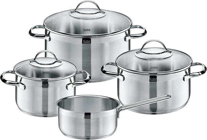 WMF Pot Set 4-Piece Achat Pouring Rim Glass Lid Stainless Steel Polished Suitable for Induction Hobs Dishwasher-Safe