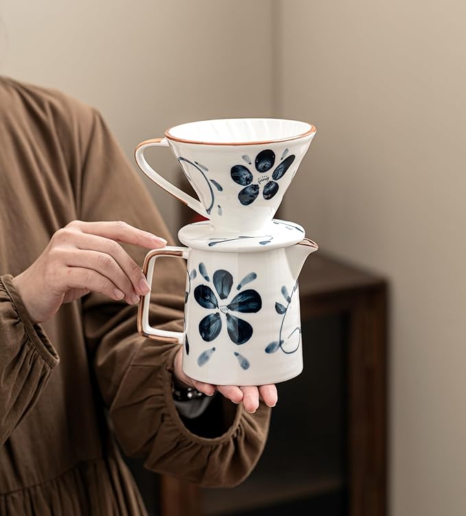 Pour Over Coffee MakerCeramic Coffee Maker With 40 pcs Paper Filter15oz/450ml Pour Over Coffee Dripper (Blue and white V02)