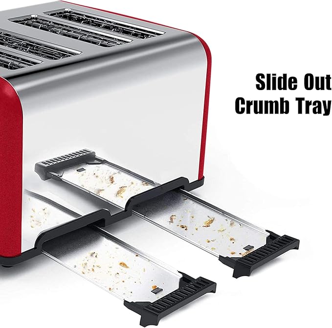 Toaster 4 Slice KitchMix Bagel Stainless Toaster with LCD Timer Extra Wide Slots Dual Screen Removal Crumb Tray (Red)
