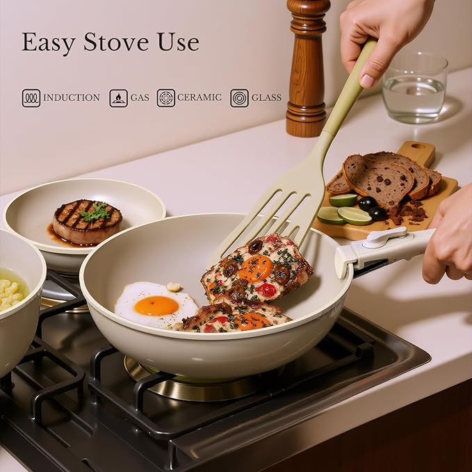 Pots and Pans Set Non Stick Ceramic Cookware Set Detachable Handle RV Camping Kitchen Cooking Set Removable Handles Dishwasher/Oven/Fridge Safe Induction Space SavingCream White