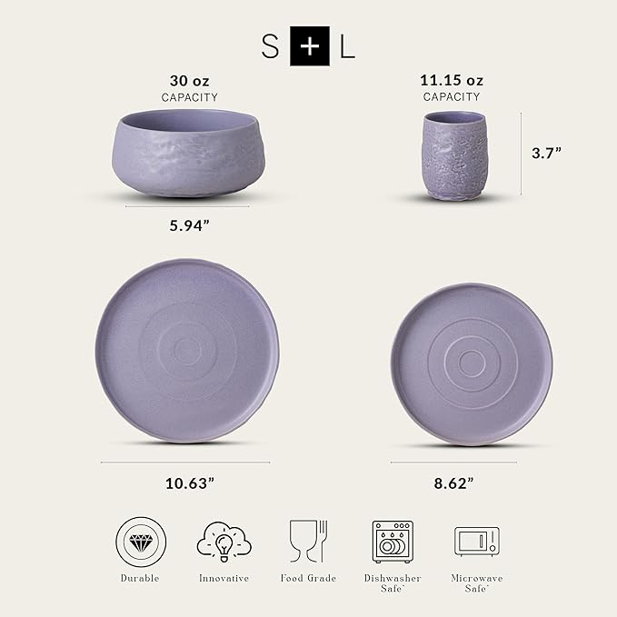 Stone by Mercer Project SHOSAI 32-Piece Stoneware Dinnerware Set Plates and Bowls Set Modern Dishware set fo 8 Lavender