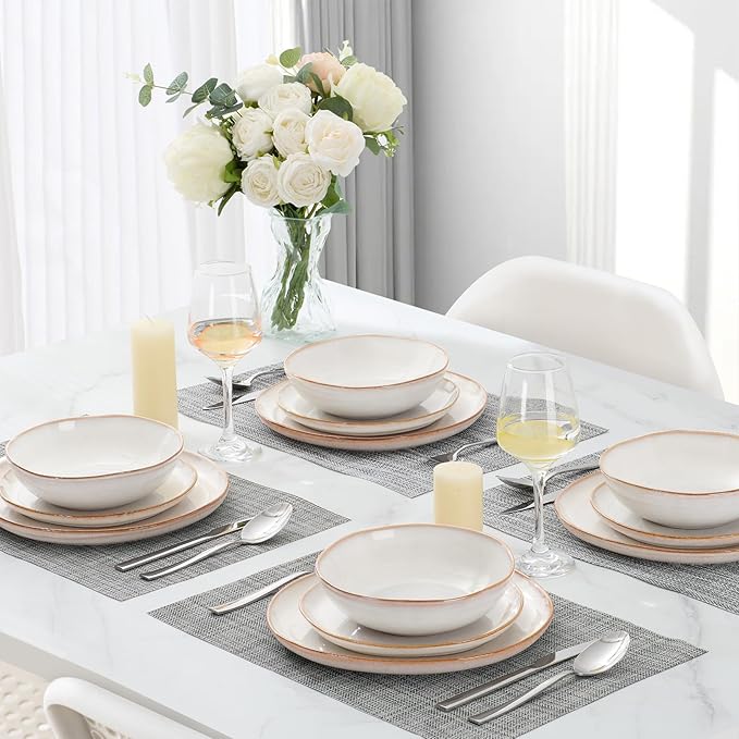 Vesteel Dinnerware Set for 4 12 Pieces Premium Stoneware Plates and Bowls Set Handmade Reactive Glaze Dishes for Home Chip &amp Scratch Resistant Microwave and Dishwasher Safe - Pearl White