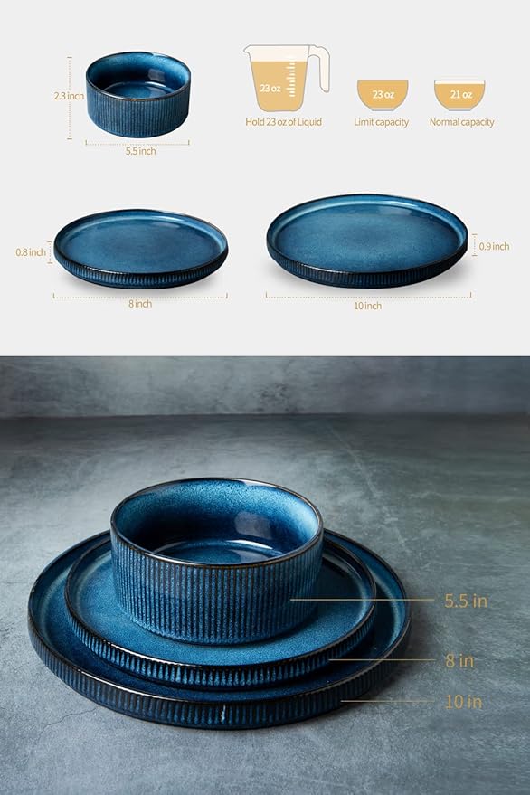 Famiware Dinnerware Set for 4 (12 Piece) and Coffee Mug Set for 4 (12 oz) - Nebulas Blue