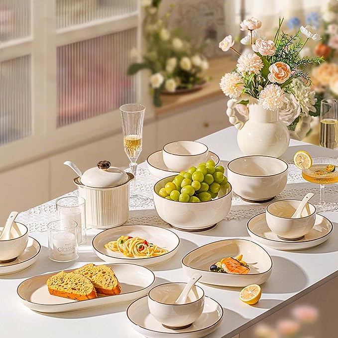 Porcelain Dinnerware Set Plates Bowls Cups Dishes Tableware Combination Everyday Use Dinner Plates Soup Bowls Salad Plates Elegant Style Microwave Dishwasher Oven Safe
