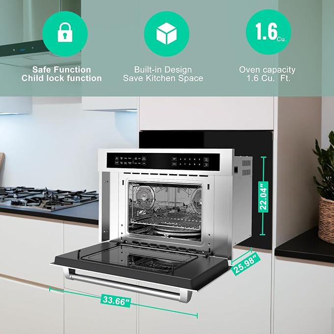 30 ft Microwave Convection Oven 1.6 Cu Ft Built In Microwave Oven with Air Fryer-Child Safety Lock-Drop Down Door 1700W Touch Control-Multiple Cooking Modes Ideal for Modern Kitchens