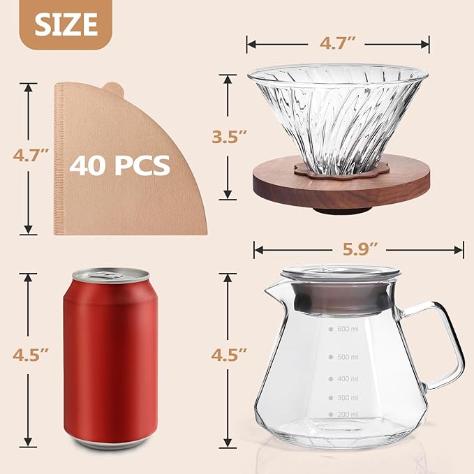 Pour Over Coffee Maker 20 OZ 6 Cup Borosilicate Glass Drip Coffee Maker with 40 pcs V60 Paper Filter and Walnut Grip for Home Café 600 ML