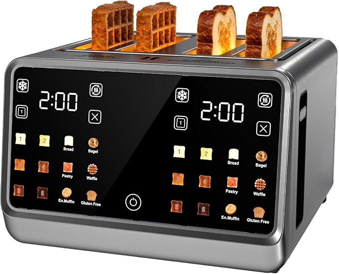 4 Slice Toaster Wide Slot– Dual Digital TouchScreen &amp Independent Control Panel | Single-Slice Modes/Reheat/Defrost | 1800W Stainless Steel Toaster for Bagels &amp Artisan Bread