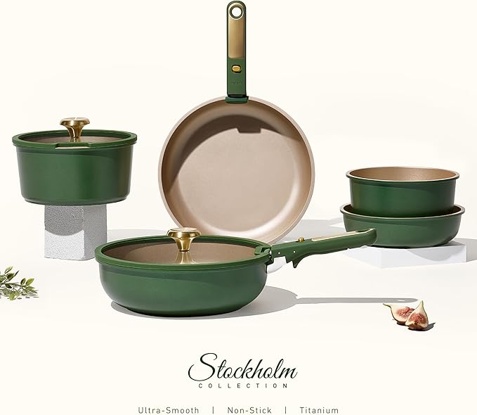 CAROTE Green&ampGold Nonstick Cookware Set15Pcs Pots and Pans Set Non Stick Detachable/Removable HandleKitchen Cooking Set Dishwasher Safe RV Kitchen Pot and Pan Induction Cookware