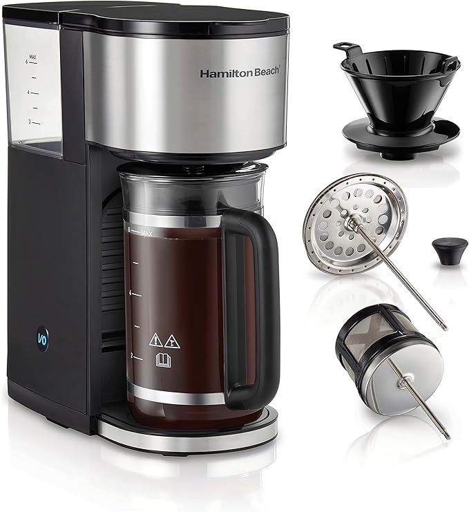 Hamilton Beach Home Barista 7-in-1 Small Coffee Maker with Seven Ways to Brew 6 Cup Carafe Drip Single Serve French Press Pour Over Cold Brew Easy-Fill Reservoir Black (46251)