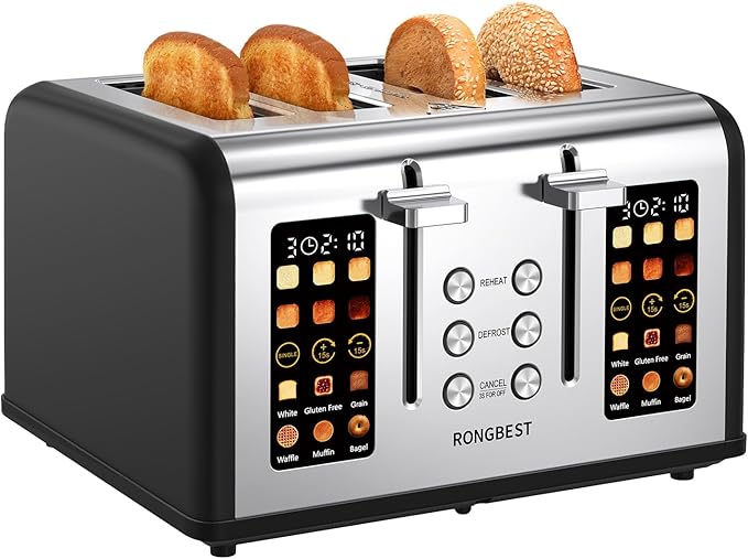 4 Slice Touch Screen Toaster Easy-to-Use Digital Stainless Steel Toaster with Wide Slots Reheat Defrost Cancel Removable Crumb Tray Matte Black