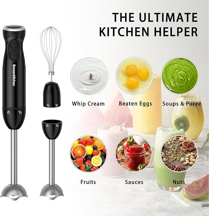 Bonsenkitchen Immersion Blender 12-Speed &amp Turbo Electric Stick Blender with Sharp Blades Egg Whisk 24oz Beaker Perfect for Soups Smoothies Sauces Easy Clean Versatile