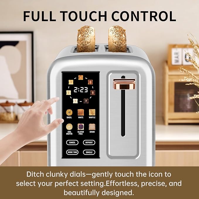 SEEDEEM Toaster 2 Slice Real Touch Screen with LCD Display Single-Slice Function Stainless Steel Toaster 50% Faster Heating 1.5 Wide Slots Removable Crumb Tray 1350W Silver Metallic