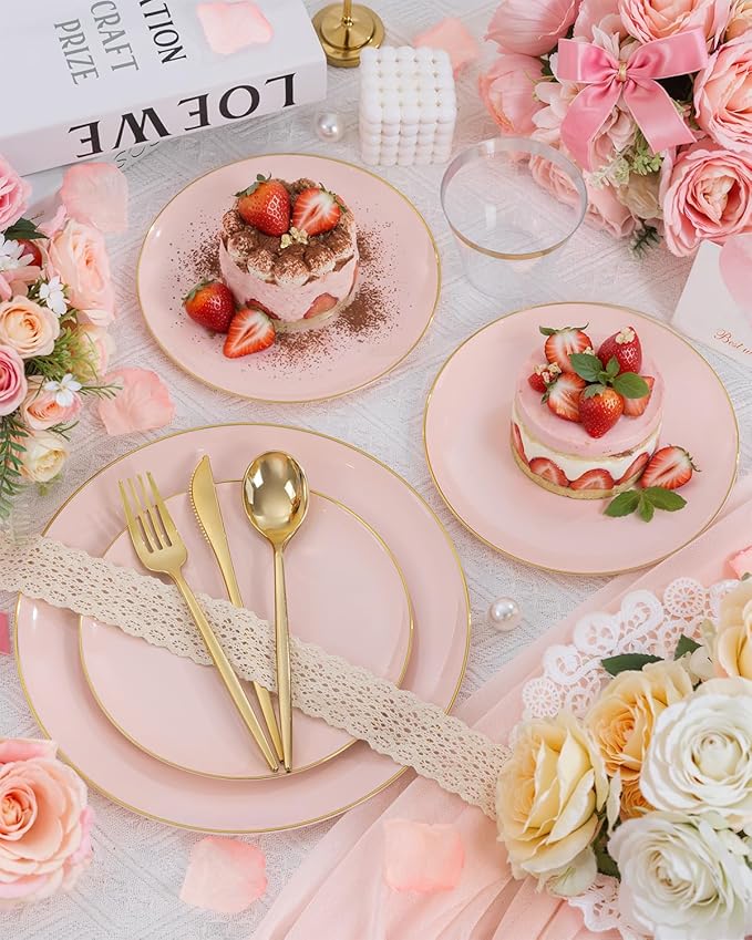 bUCLA 150PCS Pink Plastic Plates - Pink and Gold Disposable Include 25 Each (Dinner &amp Dessert) Plates 25 Knives 25 Forks 25 Spoons and 25 Cups Ideal for Party Wedding &amp Easter