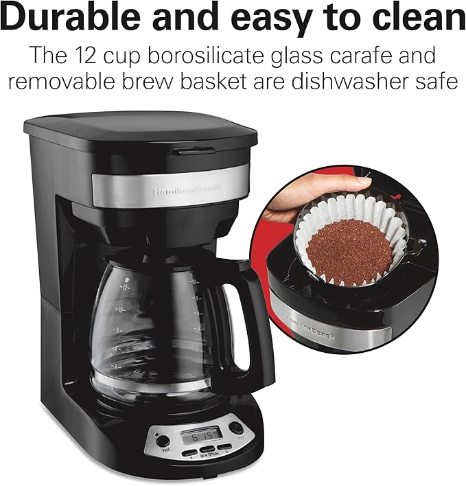 Hamilton Beach 12 Cup Programmable Drip Coffee Maker Machine Regular &amp Bold Brew Options Auto Pause and Pour Glass Carafe Black with Stainless Accents (46299J)