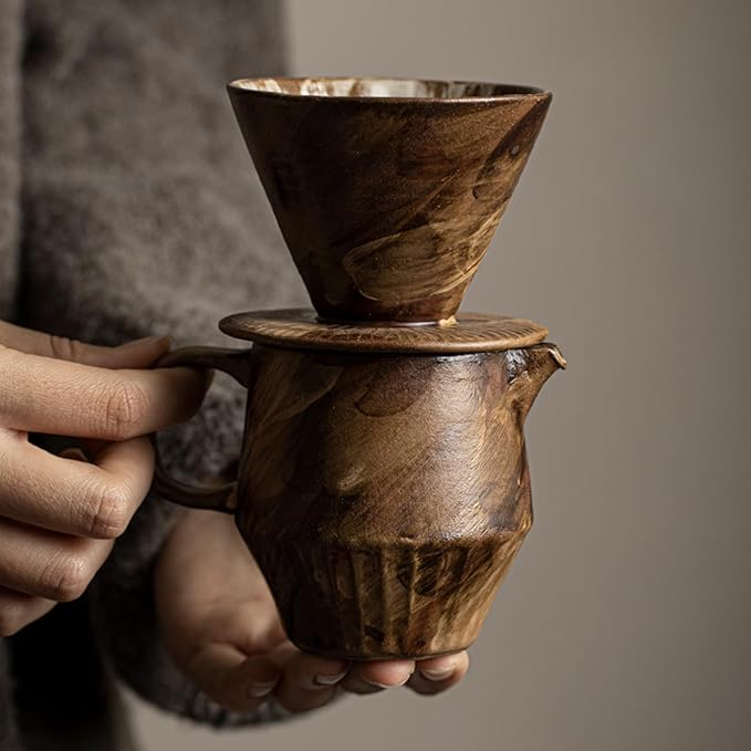 Pour Over Coffee Maker Set Vintage Ceramic Pour Over V60 Coffee Dripper Setfor Home Café Restaurant Camping7oz/220ml Pour Over Coffee Dripper (Brown)