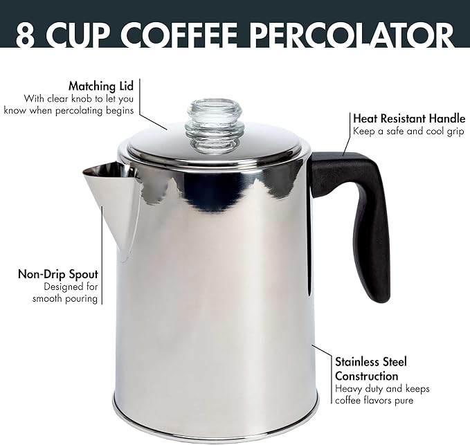 Primula Stovetop Coffee Percolator Premium Stainless Steel Coffee Maker with Reusable Filter Basket Non-Drip Spout Glass Knob Brew Indicator and Heat Resistant Handle Dishwasher Safe 8 Cup