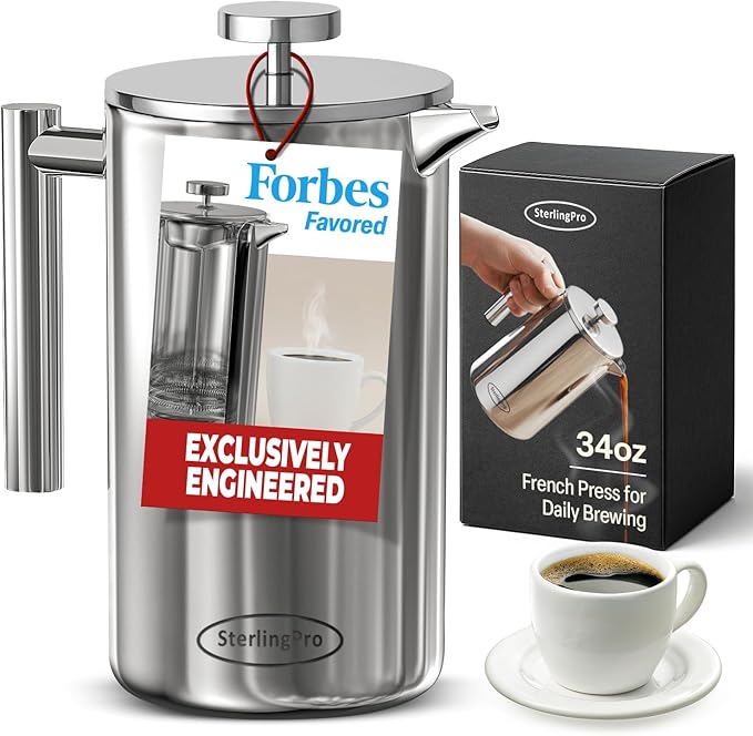 Stainless Steel French Press Coffee Maker 1 L (34 oz) Mirror – Double Walled Insulated Large Coffee Press Durable Design Keeps Drinks Hot Easy to Use and Clean for Rich Flavor Brewing