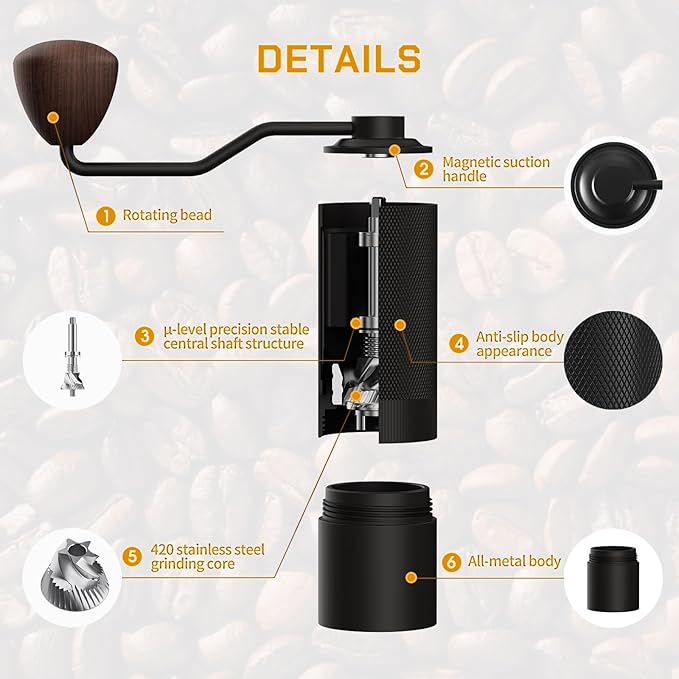 MAVO Manual Coffee Grinder Wizard Hand Coffee Grinder Capacity 25g with CNC Stainless Steel Pentagon Conical Burr Adjustable Setting Burr Coffee Bean Grinder for French Press Pour Over Silver