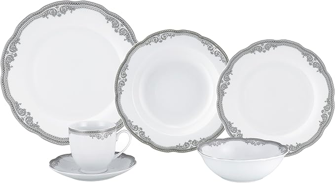 Lorren Home Trends Elizabeth-24 24 Piece Elizabeth Design Porcelain Wavy Edge Dinnerware Set White