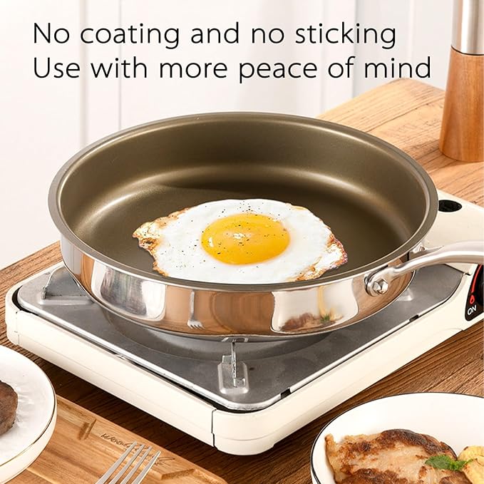 10''11''Titanium-Infused 304 Stainless Steel Frying Pan with Glass Lid – Low-Smoke Non-Stick Skillet Wear-Resistant &amp All Cooktop Compatible (10 inch)
