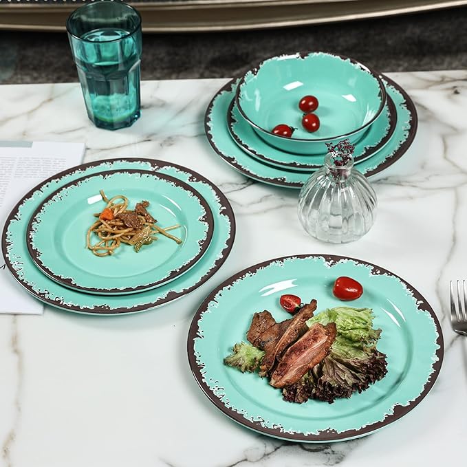 Rustic Melamine Dinnerware Set12-Piece Plates and Bowls SetsYinshine Unbreakable Melamine Dish SetLightweightService for 4Dishwasher SafeGreen